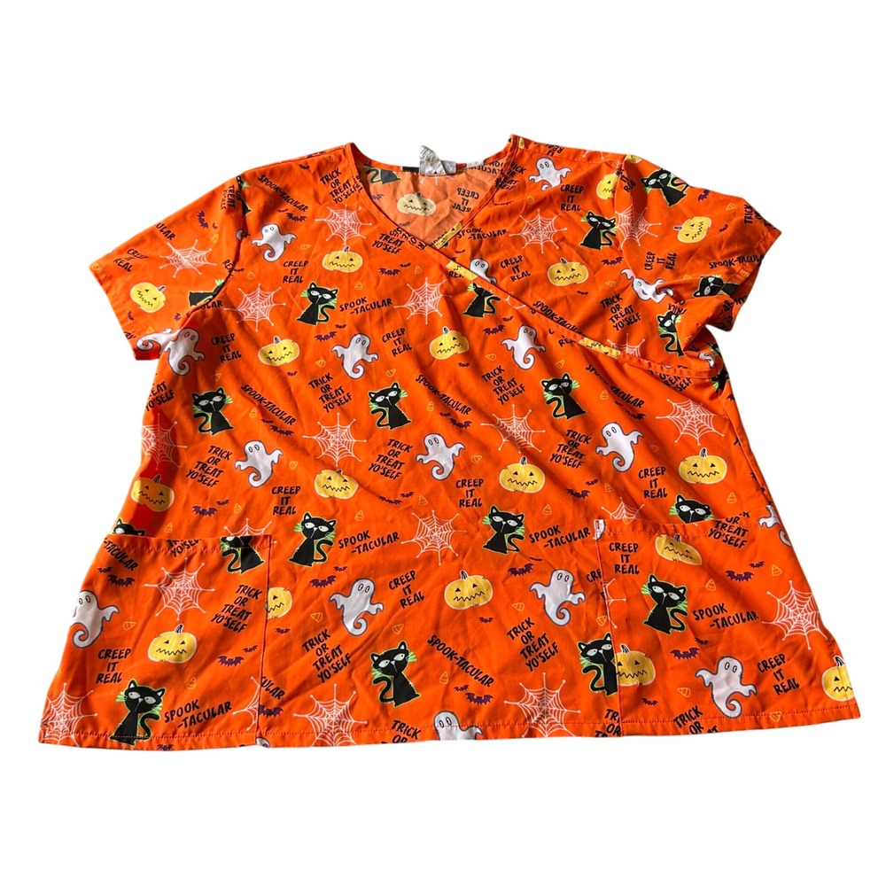 Scrubstar Halloween Scrub Top Womens Size 3XL Orange Short Sleeve Work‎ Shirt